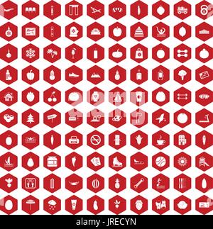 100 wellness icons hexagon red Stock Vector