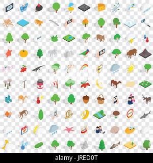 100 preserve icons set, isometric 3d style Stock Vector