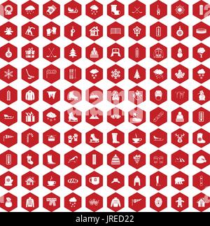 100 winter icons hexagon red Stock Vector