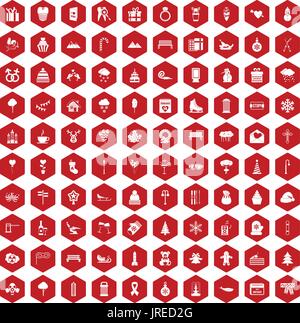 100 winter holidays icons hexagon red Stock Vector