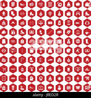 100 winter shopping icons hexagon red Stock Vector