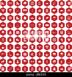 100 winter sport icons hexagon red Stock Vector
