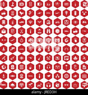 100 wireless technology icons hexagon red Stock Vector