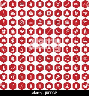 100 woman icons hexagon red Stock Vector