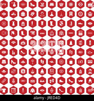 100 woman shopping icons hexagon red Stock Vector
