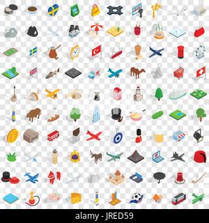 100 region icons set, isometric 3d style Stock Vector