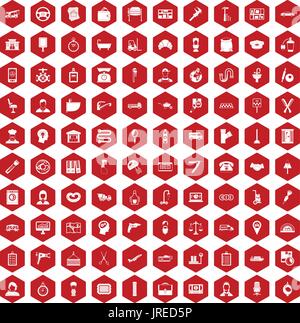 100 work icons hexagon red Stock Vector