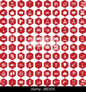 100 working professions icons hexagon red Stock Vector