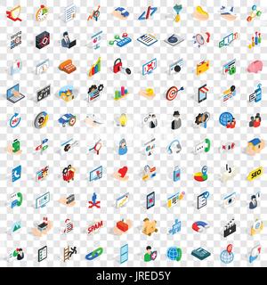 100 research icons set, isometric 3d style Stock Vector