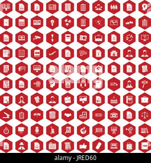 100 work paper icons hexagon red Stock Vector