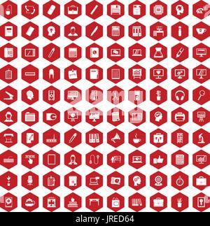 100 work space icons hexagon red Stock Vector