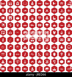 100 world icons hexagon red Stock Vector