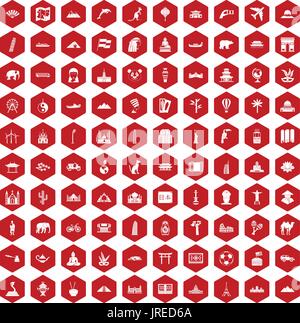 100 world tour icons hexagon red Stock Vector