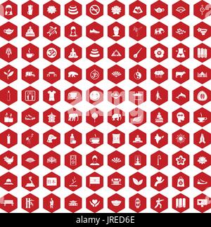 100 yoga icons hexagon red Stock Vector