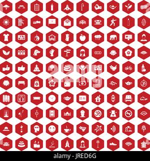 100 yoga studio icons hexagon red Stock Vector