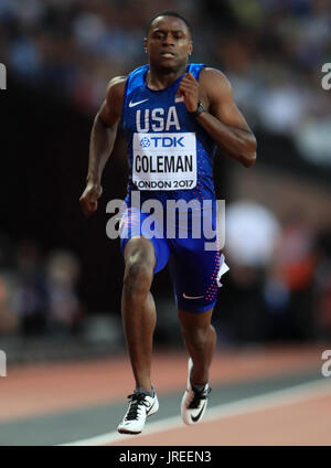 USA's Christian Coleman wins the 100m Men's heat one during day one of the 2017 IAAF World Championships at the London Stadium. Stock Photo