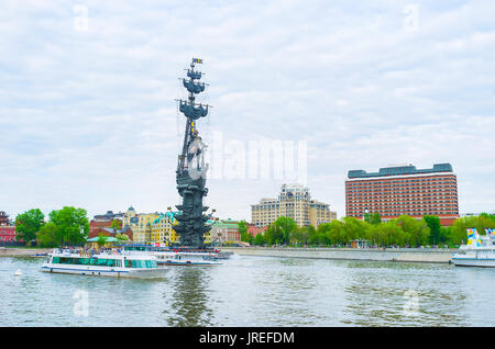 MOSCOW, RUSSIA - MAY 11, 2015: The big statue to Peter the Great on the embankmant of Moskva River was designed by Zurab Tsareteli, on May 11 in Mosco Stock Photo