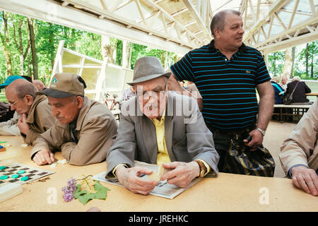 BELARUS, GOMEL - MAY 9, 2014: Active retired people, old friends and free time, senior men having fun and playing chess at city park. Stock Photo