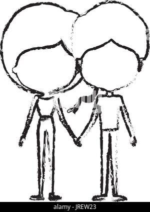 blurred silhouette of caricature faceless thin couple in clothes of young man and woman with short hairstyle holding hands
