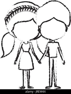 blurred silhouette of caricature faceless thin couple in clothes of young man and woman with double pigtails braided hairstyle holding hands