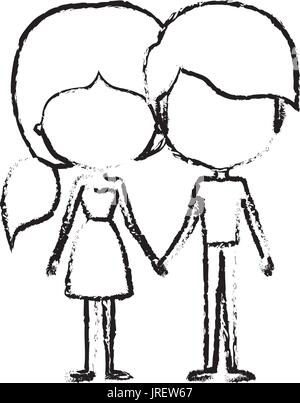 blurred silhouette of caricature faceless thin couple in clothes of young man and woman with side ponytail hairstyle holding hands