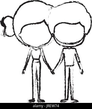 blurred silhouette of caricature faceless thin couple in clothes of young man and woman with side bun collected hairstyle holding hands