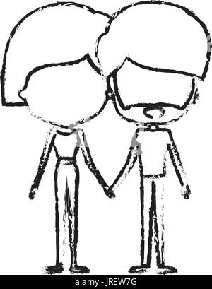 blurred silhouette of caricature faceless thin couple in clothes of young man and woman with straight short hairstyle holding hands