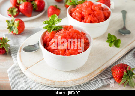 Homemade Italian Strawberry Granita Ice Cream with Mint Stock Photo