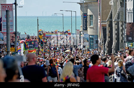 Brighton, UK. 5th Aug, 2017. Thousands take part in the Brighton and Hove Pride Community Parade through the city on a beautiful warm sunny day . Over 300000 visitors are expected to attend and celebrate the Summer Of Love and Carnival of Diversity in Britains largest LGBT event over the weekend Credit: Simon Dack/Alamy Live News Stock Photo