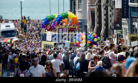 Brighton, UK. 5th Aug, 2017. Thousands take part in the Brighton and Hove Pride Community Parade through the city on a beautiful warm sunny day . Over 300000 visitors are expected to attend and celebrate the Summer Of Love and Carnival of Diversity in Britains largest LGBT event over the weekend Credit: Simon Dack/Alamy Live News Stock Photo