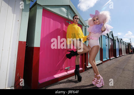 Brighton, UK. 5th Aug, 2017. Drag Queen Joey Fafia and Emily Meow pose ahead of the annual Brighton Pride Parade at the seaside town, UK, Saturday August 5, 2017. 2017 marks the 50th anniversary of the decriminalisation of homosexuality in the UK Photograph : Credit: Luke MacGregor/Alamy Live News Stock Photo