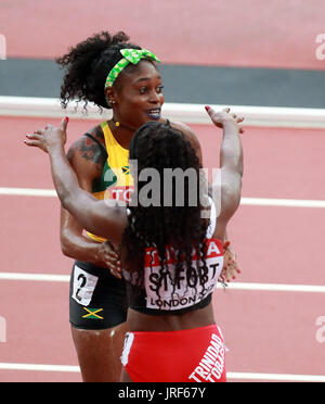 London, Britain. 5th Aug, 2017. Eline Thompson(L) of Jamaica celebrates after the Women's 100m Heat at the 2017 IAAF World Championships in London, Britain, on Aug. 5, 2017. Credit: Luo Huanhuan/Xinhua/Alamy Live News Stock Photo