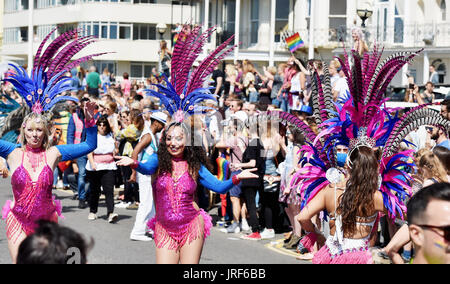 Brighton, UK. 5th Aug, 2017. Thousands take part in the Brighton and Hove Pride Community Parade through the city on a beautiful warm sunny day . Over 300000 visitors are expected to attend and celebrate the Summer Of Love and Carnival of Diversity in Britains largest LGBT event over the weekend Credit: Simon Dack/Alamy Live News Stock Photo