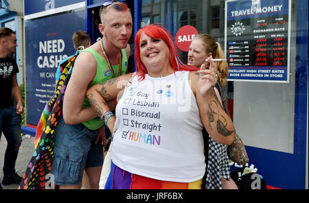 Brighton, UK. 5th Aug, 2017. Thousands take part in the Brighton and Hove Pride Community Parade through the city on a beautiful warm sunny day . Over 300000 visitors are expected to attend and celebrate the Summer Of Love and Carnival of Diversity in Britains largest LGBT event over the weekend Credit: Simon Dack/Alamy Live News Stock Photo