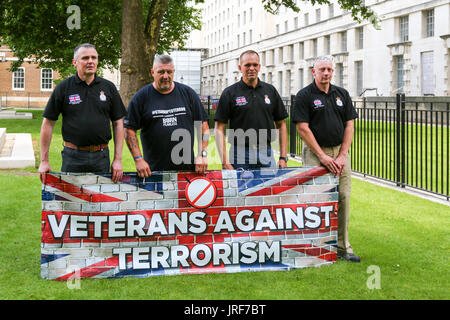 London, UK. 5th Aug, 2017. Veterans Against Terrorism group take a petition to Downing Street asking the British government to take firmer action against the 3,000 suspected Muslim extremists living in Britain. The group marched from Parliament Square to outside Downing Street.. Penelope Barritt/Alamy Live News Stock Photo