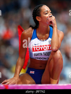 London, Britain. 5th Aug, 2017. Katarina Johnson-Thompson of Britain reacts during High Jump of Women's Heptathlon on Day 2 of the 2017 IAAF World Championships at London Stadium in London, Britain, on Aug. 5, 2017. Credit: Wang Lili/Xinhua/Alamy Live News Stock Photo