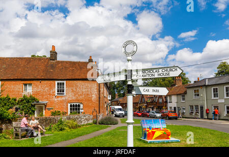 Signpost in front of Jane Austen's House Museum in the village of Chawton, Hampshire, southern England, UK Stock Photo