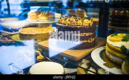 Cakes in a bakery are ready to be bought by someone Stock Photo