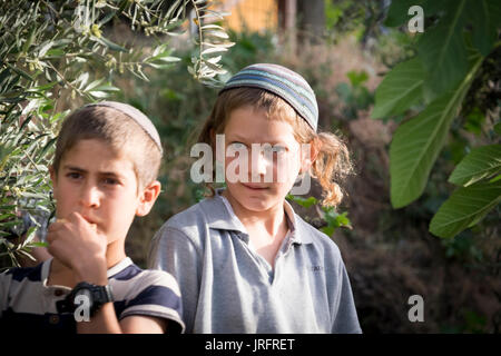 Two Israeli settler children are transfixed by an argument between a settler and a Palestinian in the Occupied Territories of the West Bank in Hebron Stock Photo