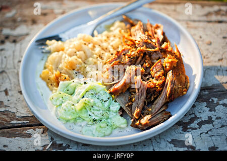 Pulled, seasoned pork, with mashed fried potatoes and cucumber and sour cream salad Stock Photo