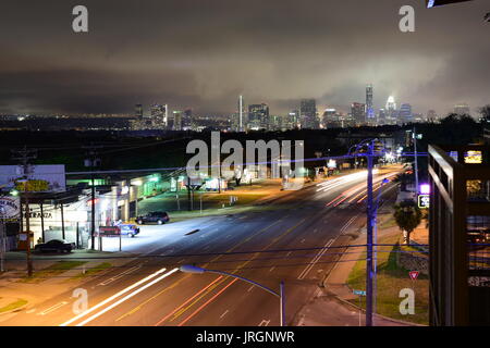 Austin, TX Skyline from South Congress Ave on a stormy and cloudy night Stock Photo