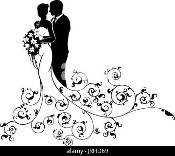 Bride and Groom Wedding Bridal Dress Silhouette Stock Vector