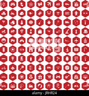 100 toys for kids icons hexagon red Stock Vector