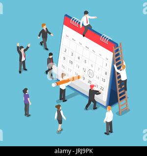 Flat 3d Isometric Business People Planning and Scheduling Operation by Drawing Circle Mark on Desk Calendar. Business Operations Planning and Scheduli Stock Vector