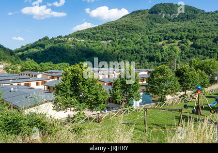 Prefabricated houses built after the earthquake that struck the town of Arquata del Tronto on August 24, 2016 in Italy, Lazio.Arquata del Tronto's med Stock Photo