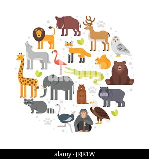 Vector flat style round composition of zoo animals icons. Isolated on white background. Stock Vector