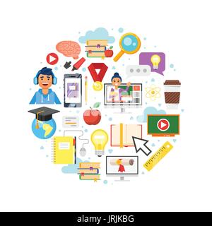 Vector flat style round composition of online education and e-learning symbols. Isolated on white background. Stock Vector