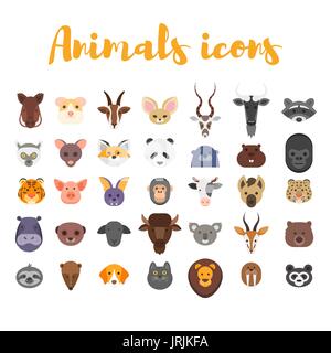 Vector flat style set of animal web icons. Isolated on white background. Stock Vector