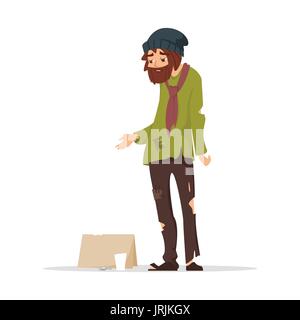 Vector cartoon style illustration of poor man in torn clothes begging money. Isolated on white background. Stock Vector