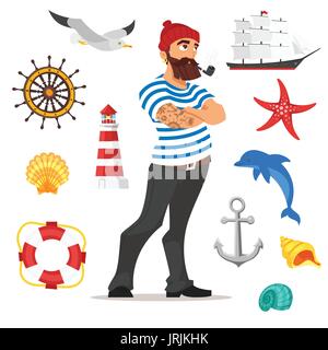 Vector cartoon style illustration of bearded sailor smoking pipe. Sea icons. Isolated on white background. Stock Vector